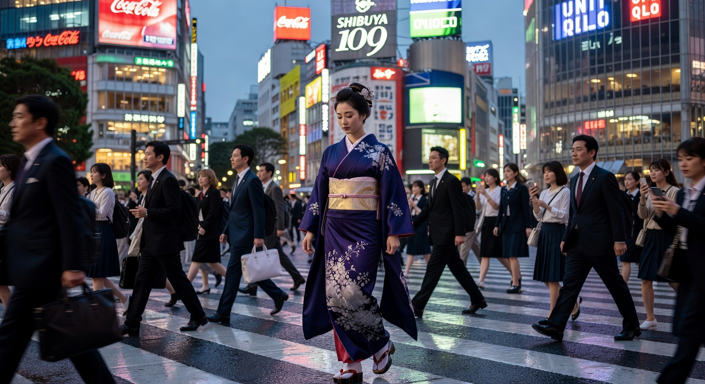 The elegant simplicity of a kimono at Shibuya crossing — tradition and space