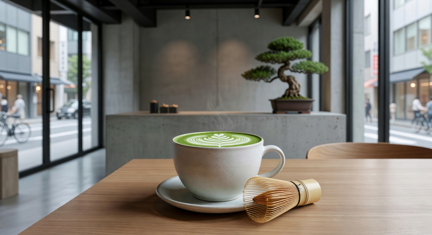 Matcha latte in a calm Japanese café