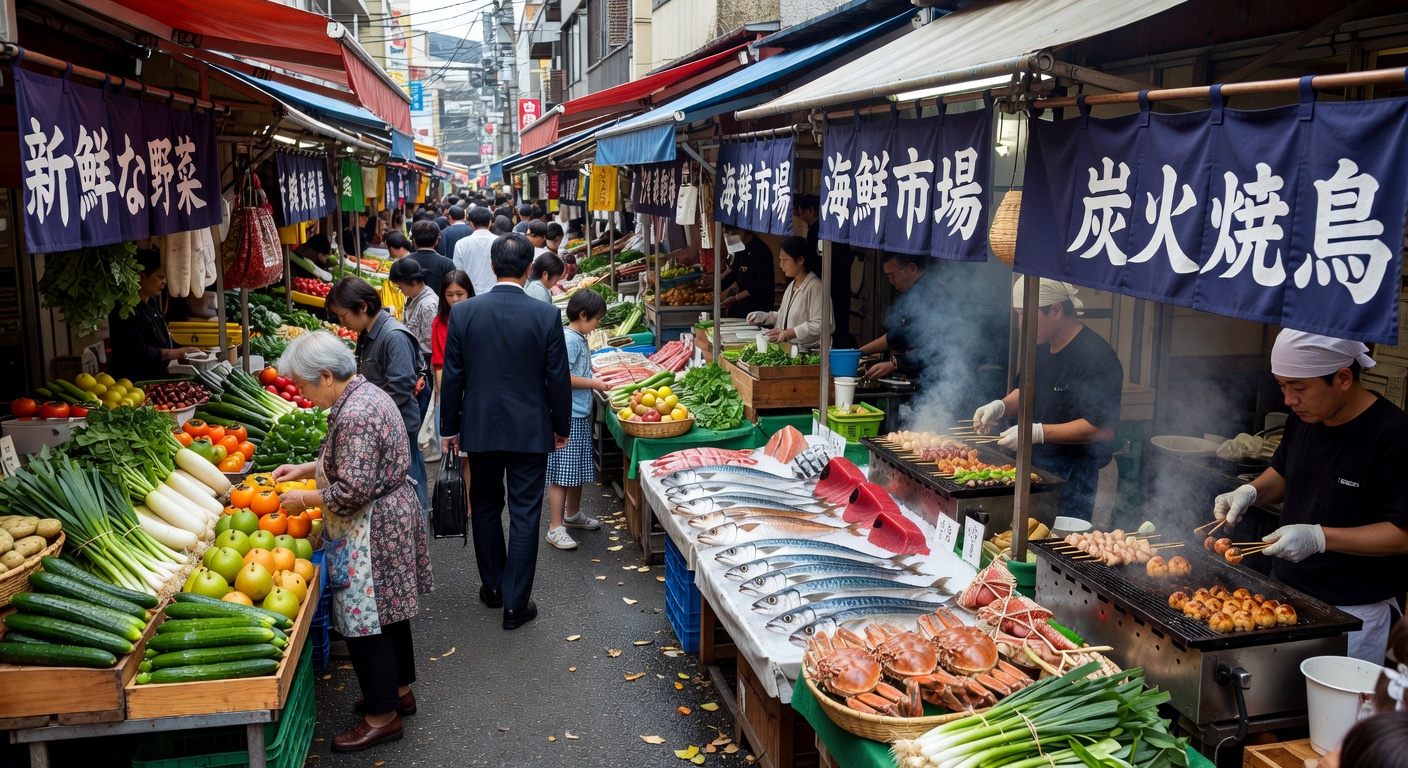 The quiet organisation of a Tokyo market stall — each item in its place